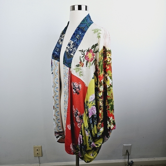 Vincente Boho Mixed Media Print Embroidered Floral Semi Sheer Kimono - Picture 12 of 16
